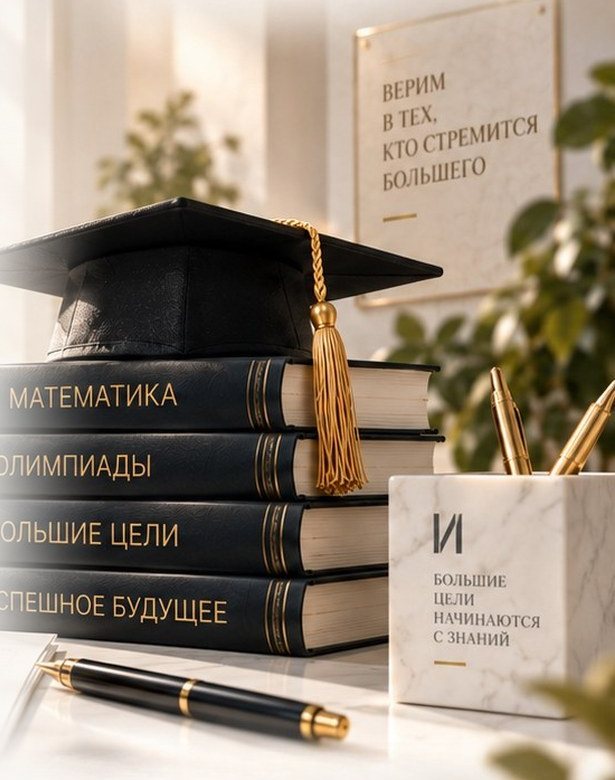 Книги «Математика», «Олимпиады», «Большие цели», «Успешное будущее» и академическая шапочка